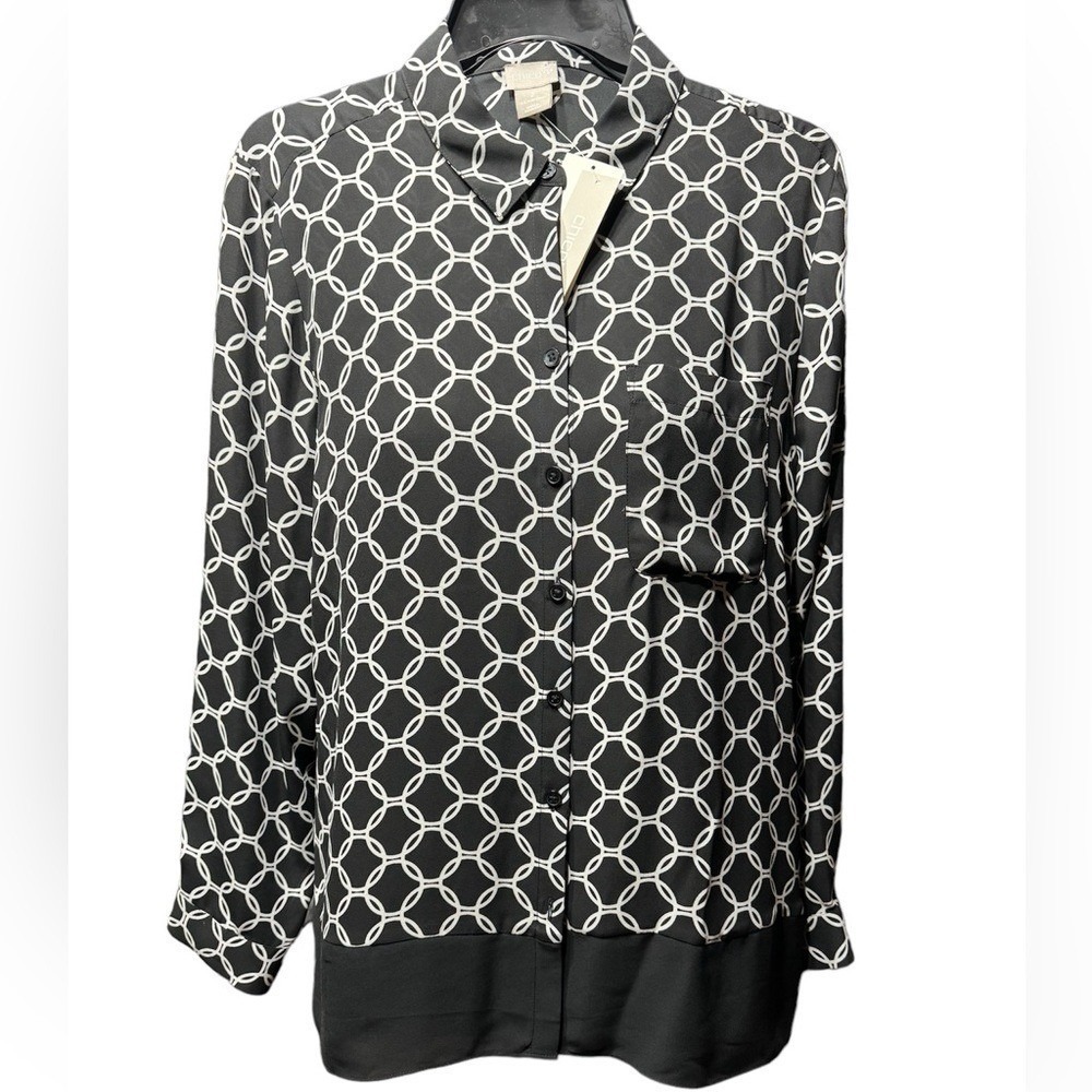 Chico's Blouse Women 2 L Geometric Circle Print Black White Poly Long Sleeve Top